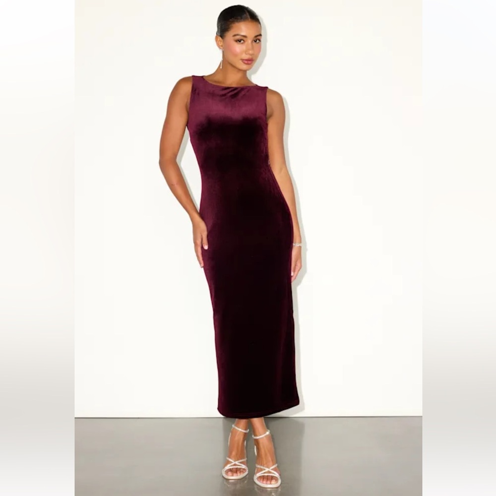 Lulus Florentina burgundy velvet backless bow midi dress women size L new - Picture 2 of 14